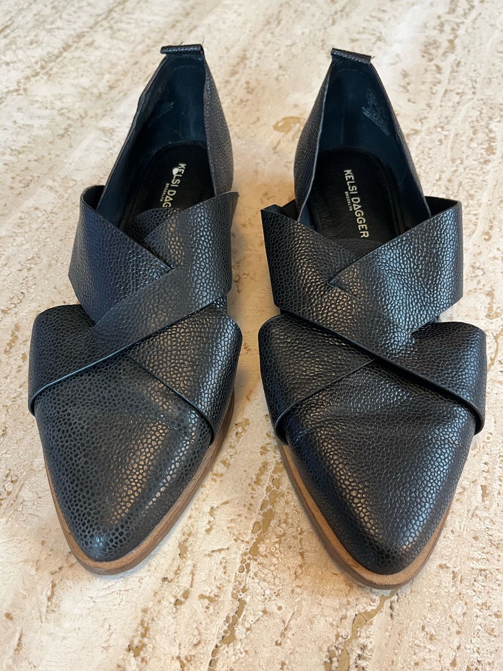 Kelsi Dagger | Criss-Cross Pointed Toe Loafers | Black Leather | Size 8
